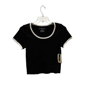 Eye‎ Candy Black Ribbed Cropped T Shirt Top Cream Trim Size 1X 2X